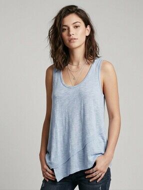 Left of Center (Anthropologie) Blue Asymmetrical Raw-Edge 100%Cotton Tank,Size L